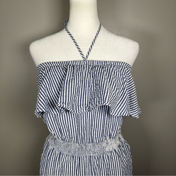 J.Crew Blue and White Striped Cotton Seersucker Ruffle Jumpsuit Size XXS - Picture 3 of 12